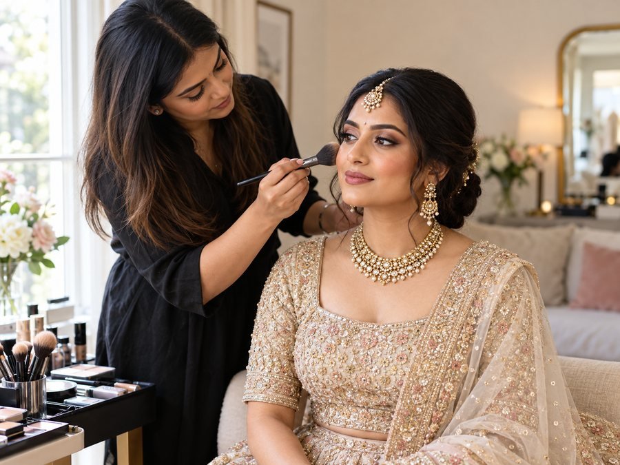 Bridal makeup being applied at home